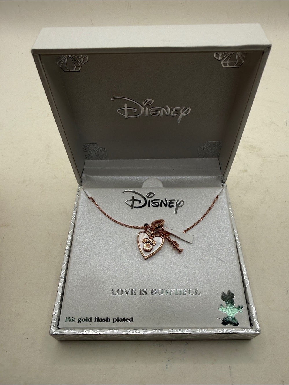 NWT Disney Love Bowtiful Beautiful Necklace Minnie Jewelry Gift 14 KT Gold Flash - Picture 6 of 6